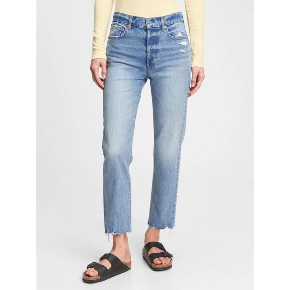 Gap Womens High Rise Cheeky Straight Jeans 26/2 Washwell Light Wash Distressed